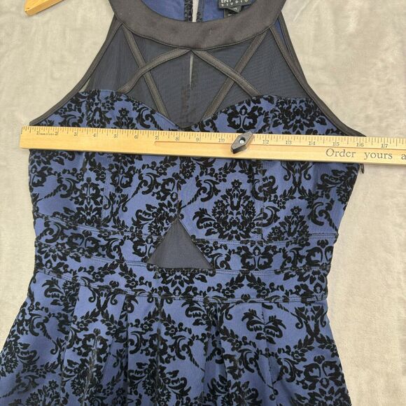 Enfocus Studio Dress Womens 10 Blue Damask Cut Out Velvet Fit & Flare Halter - Picture 7 of 12
